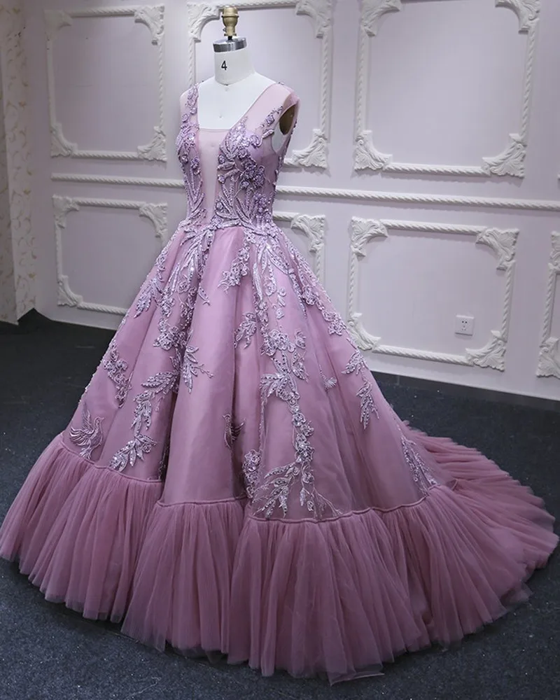 Pink Princess Long Formal Prom Dresses Lace Appliques Tulle V Neck Elegant Evening Dress Robe de soiree Engagement Party Gowns