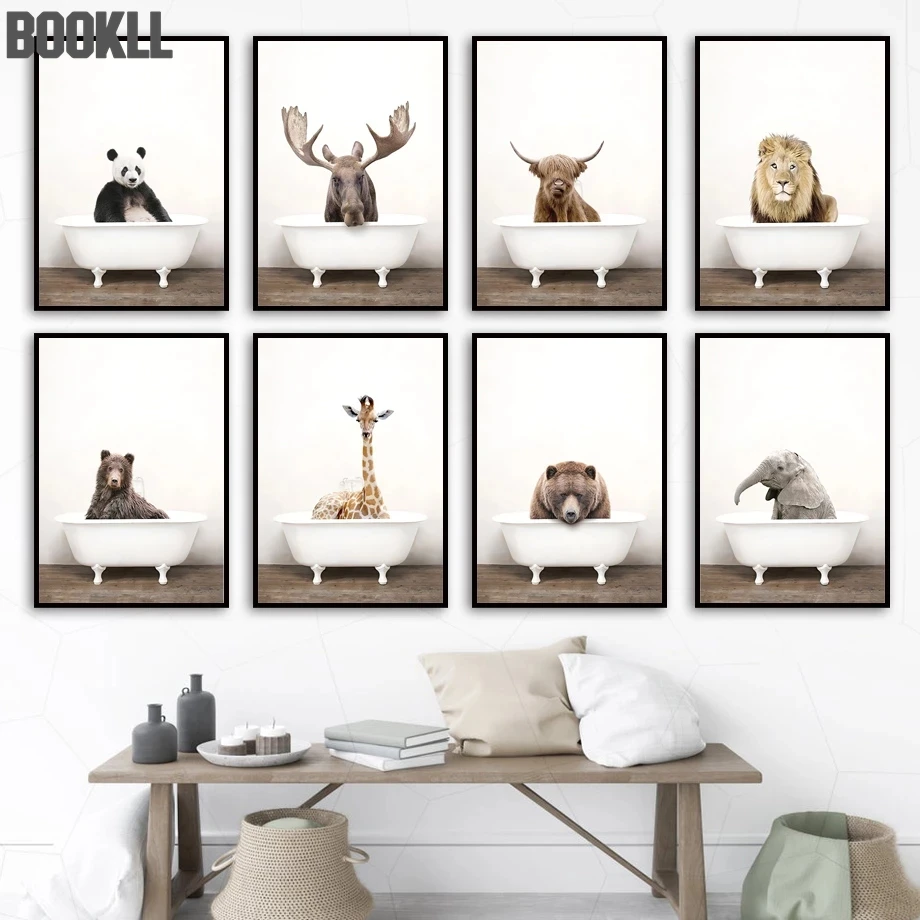 

Llama Elephant Giraffe Bear Panda Lion Bathtub Wall Art Print Canvas Painting Nordic Poster Wall Pictures Kids Room Toilet Decor