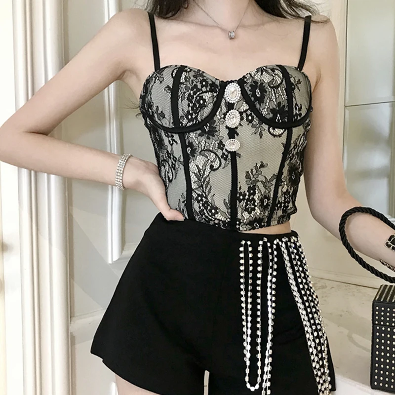 Women Off Shoulder Black Tank Sexy Camisole Lace Bras Tops Diamond Buttons Vest Crop Top Female Fashion Streetwear Club Camis | Женская