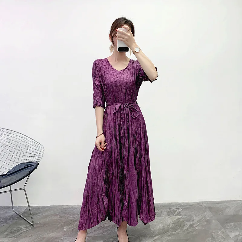 

Summer Dress Plus Size Women 2020 New Round Neck 3/4 Sleeves Solid Color Loose Lace-up Belt Stretch Miyake Pleated Dresses Long