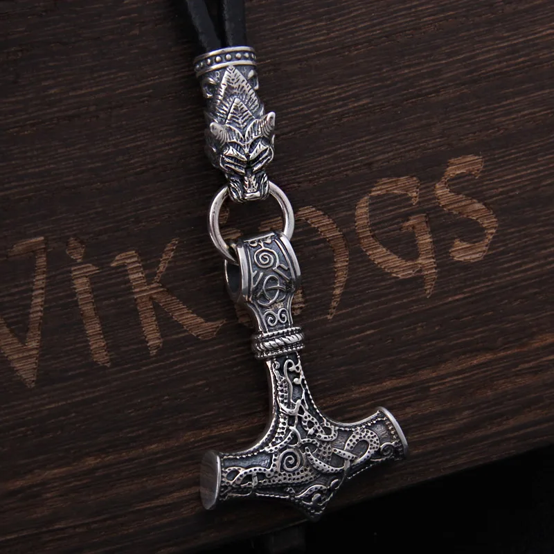 S925 стерлингового серебра Викинг-волк головы с thor's Молот Мьёльнир Кулон кожаный мужской ожерелье как рождественский подарок