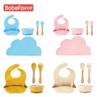 Детская миска, ложка, вилка, нагрудник, набор посуды, Нескользящая силиконовая миска для кормления с крышкой, детская посуда