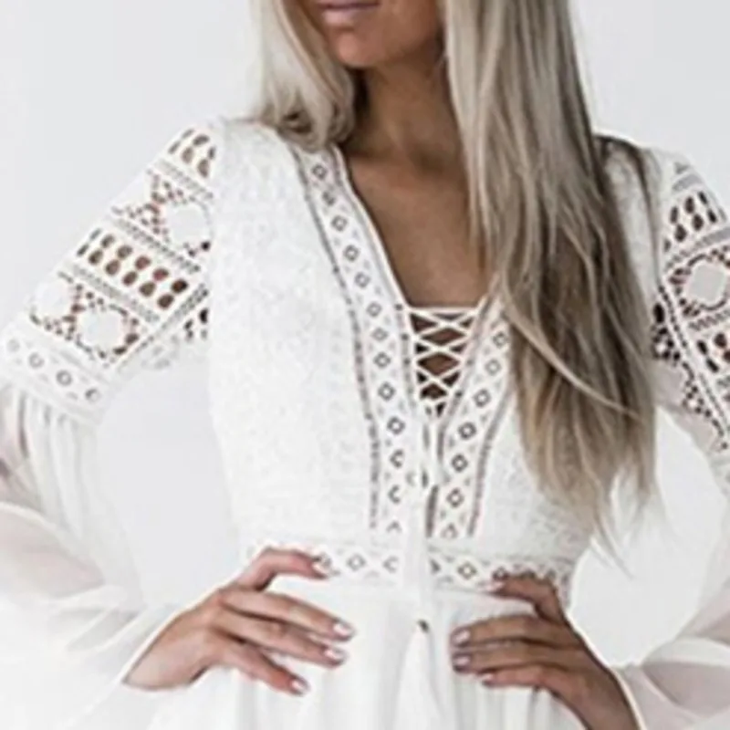 

Autumn Dress Women Hollow Out White Dress Sexy Mini Chiffon Dress V-Neck Long Sleeve Crochet Lace 2020 Elegant Party Dress