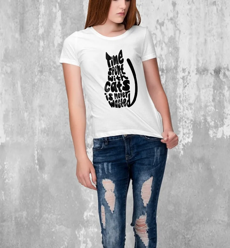 

Women Time Spent With Cats Is Never Wasted Soft Hipster Summer Floral Graphics Funny Tee White Top Streetwear T-Shirt