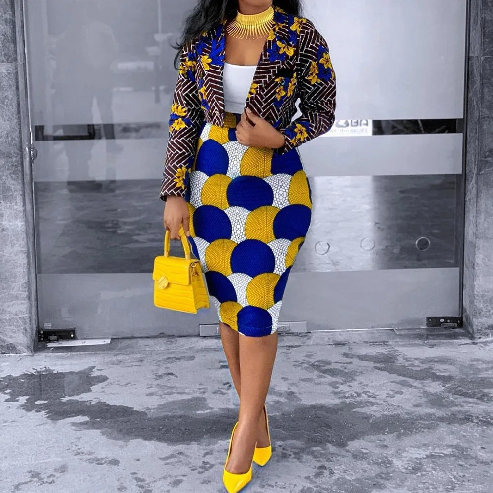 

Color Block Printed Women Two Pieces Set Elegant Office Short Blazer and Pencil Skirts Long Sleeve Lady Work Wear African Suits