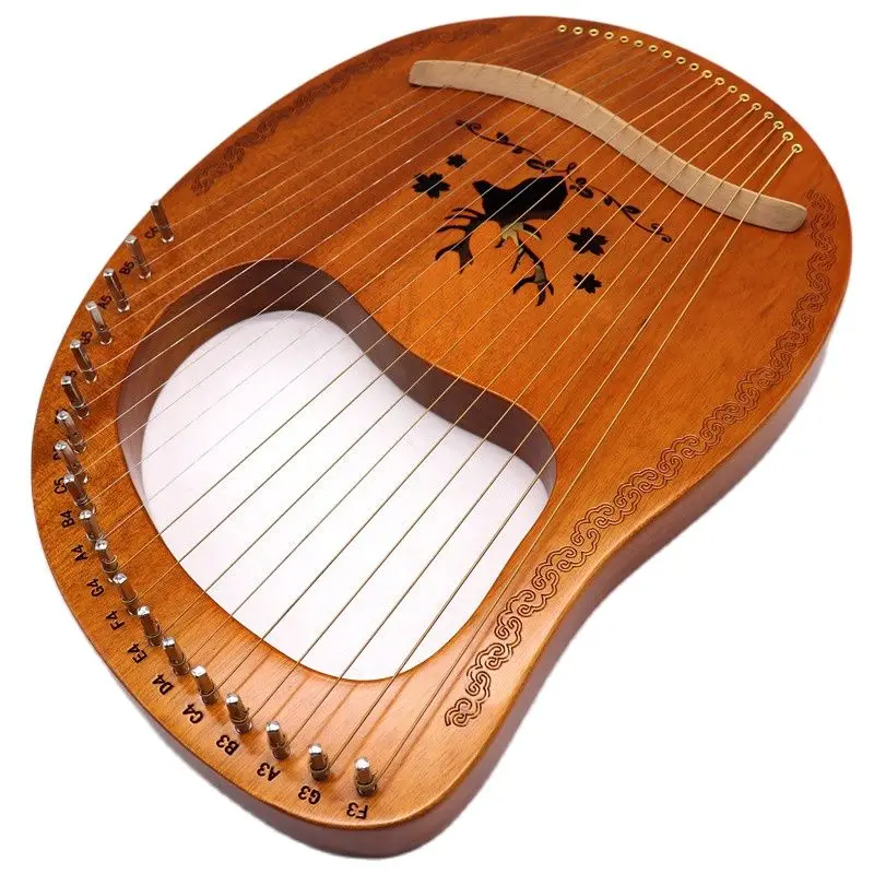 

19 Strings Lyre Harp Metal Strings Reindeer Pattern Wooden Mini Harp Okoume Wood Body String Instrument Brown with Tuning Wrench