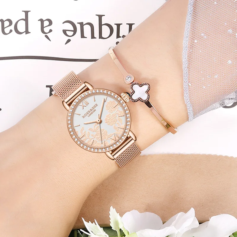 

2021 New Design Luxury Women Gift Watch With Bracelet Elegent Romantic Rhinestone Carving Flowers Dial Waterproof Quartz Watches
