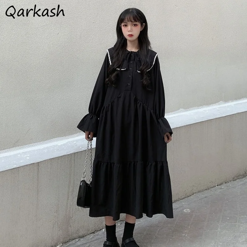 

Dress Women Kawaii Trendy Streetwear Vintage Vestidos Long Flare Sleeve Draped Fall Students Korean Ins Preppy Style Loose Solid