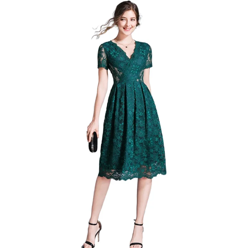 

Simgent Lace Dress Women Short Sleeve V-Neck A Line Casual Elegant Summer Dresses Vestidos Robe Dentelle Dames Jurken SG005185
