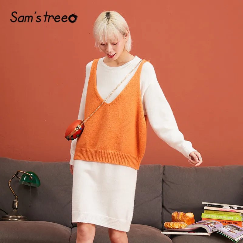 SAM'S TREE White Solid Minimalist Style Two Piece Sets Women Winter Orange Pure Loose Casual Office Ladies Matching Set