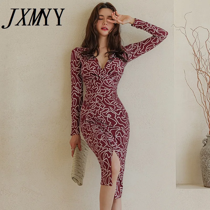 

JXMYY 2021 осеннее Новое корейское модное и элегантное темпераментное тонкое платье средней длины с V-образным вырезом и плиссированным разрезо...