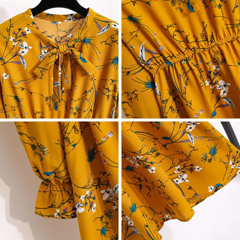 

Autumn Winter Ladies Chiffon High Elastic Waist Dress Women Bow Full Sleeve Flower Print Floral Party Dress Female Vestido