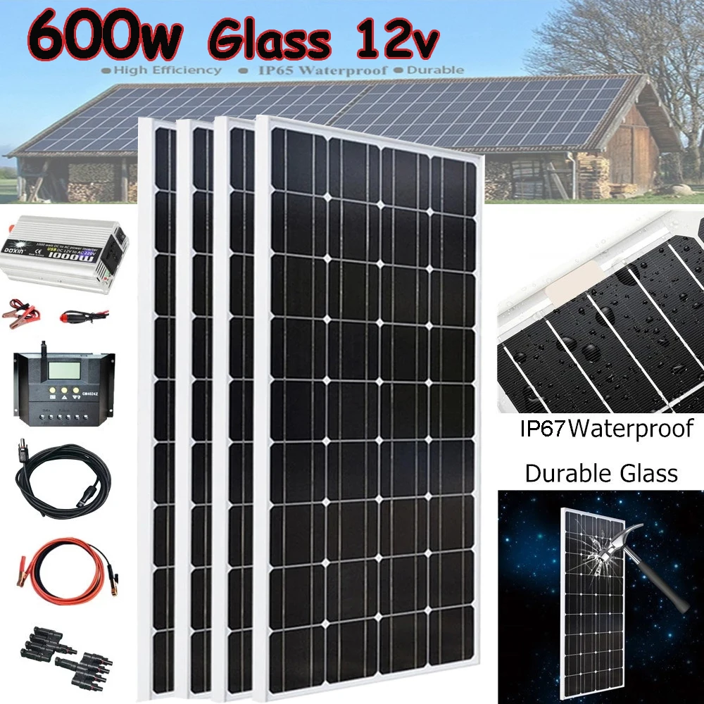 Солнечная панель батарея 12V 300 Вт 600 стеклянная фотоэлектрическая система