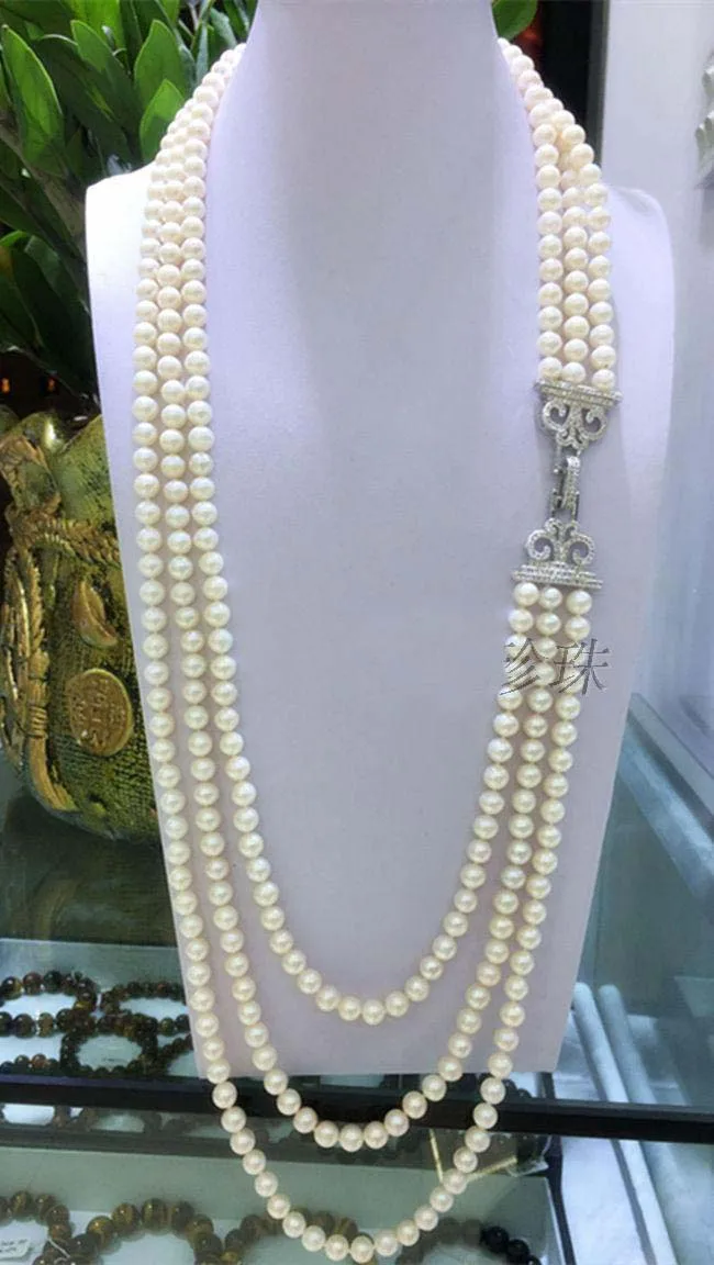 

Fresh water pearl near circle 7-8mm strong light triple layer Necklace sweater chain 20--25inch