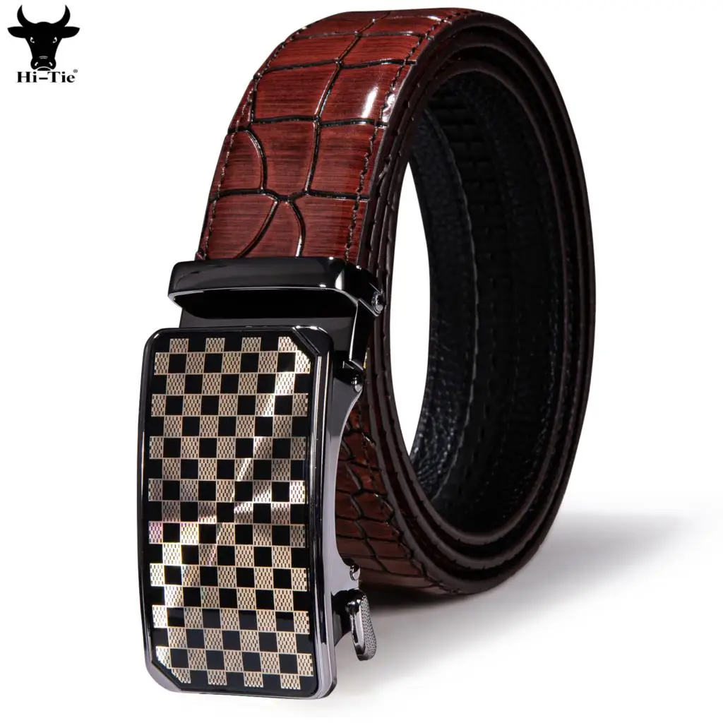 

Hi-Tie Mens Reddish Brown Leather Belts Automatic Buckles Ratchet Waistband Cowboy Belt for Men Jeans Dress Wedding Business XL