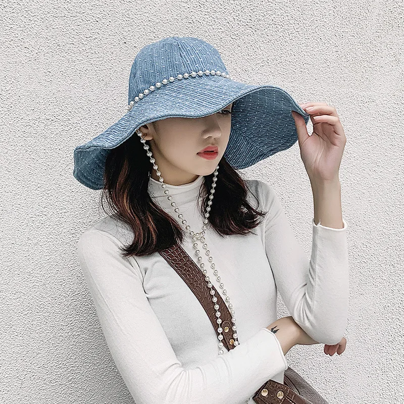 

INS Hat Female Summer Big Brim Sunbonnet Korean Fashion Pearl Chain Denim Fisherman Hat Sun Protection Bucket Gorros