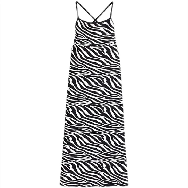 

Chic Zebra Stripes Print Long Maxi Dress Sexy Women Spaghetti Strap Bodycon Party Dress Backless E-Girls Y2k Dress