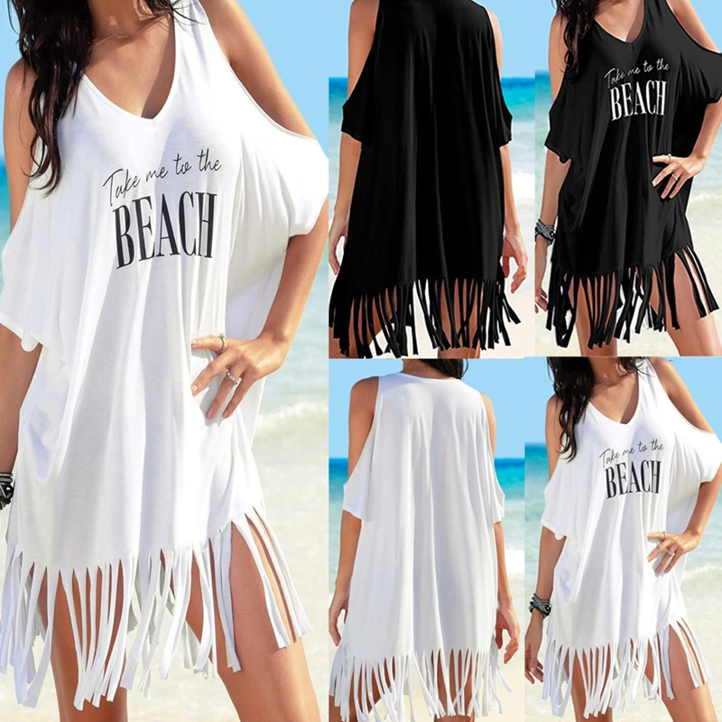 

Размера плюс пляжная одежда Для женщин большого размера Cover Up 2021 Новый плеча купальники женские кисточкой с буквенным принтом купальники пл...