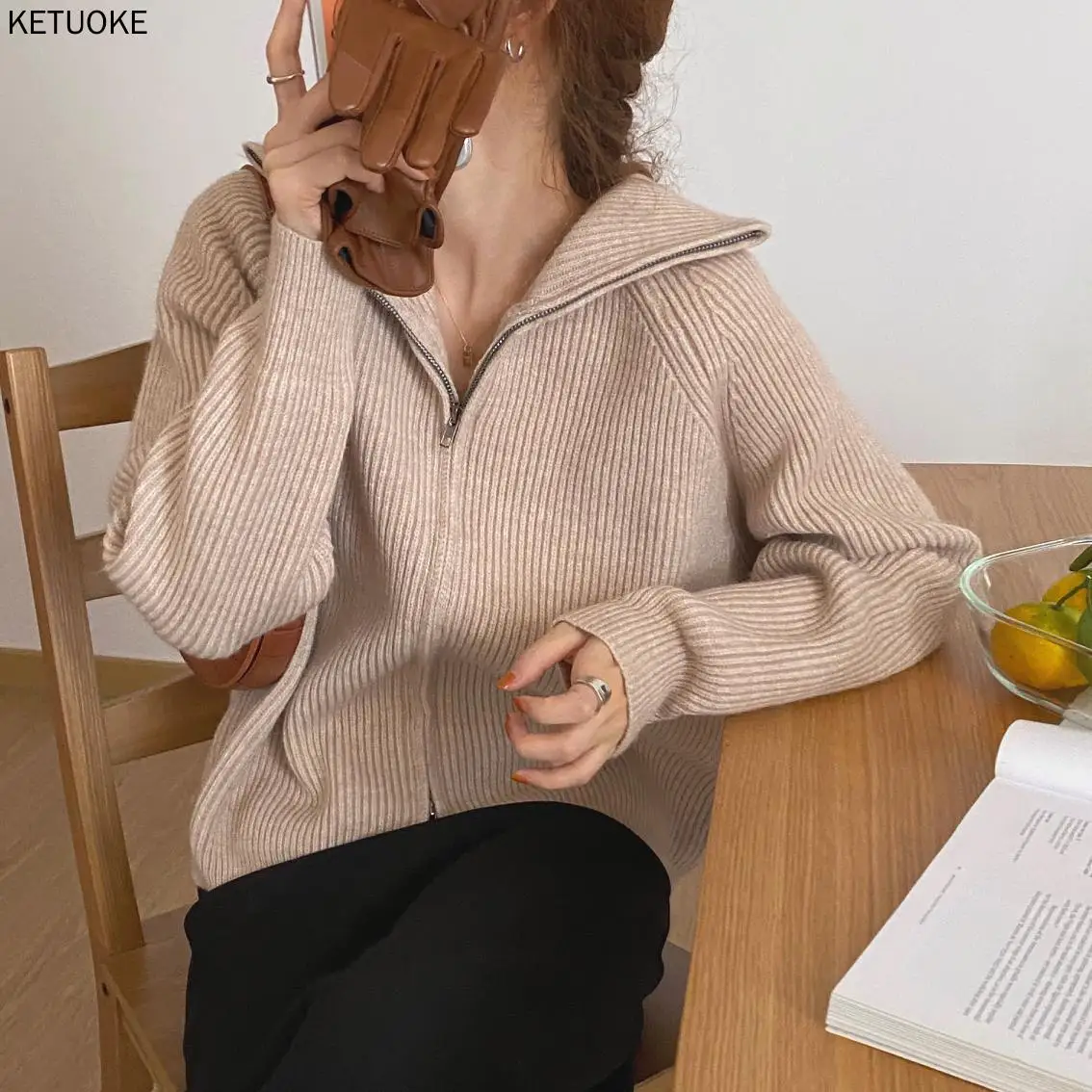 

Кардиган женский трикотажный на молнии, теплая куртка, плотный Повседневный Кардиган с лацканами, модный свитер, Осень-зима