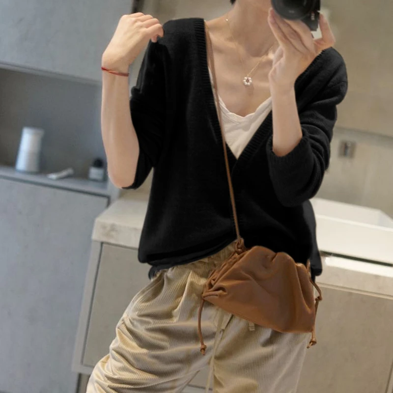 

Женский однобортный вязаный кардиган, повседневный свободный кашемировый шерстяной кардиган с V-образным вырезом, весна