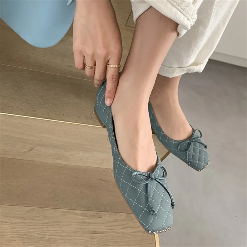 

Full Leather Inside and Outside 2021 Spring Women's Pumps Square Toe Bowknot Low-heel Comfortable Genuine Leather Casual Shoes