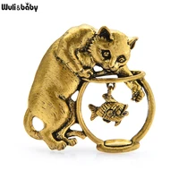 wulibaby vintage cat looking into a fish tank brooch pins women and girl brooches accessory 2021 fashion jewelry