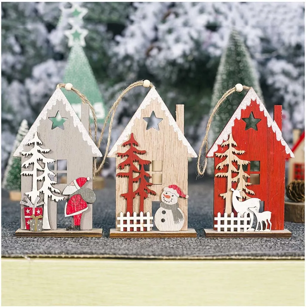 House Shaped Christmas Tree Hanging Pendant Wooden Small Christmas Ornaments Noel Natale Kerst Adornos de Navidad Natal#jink