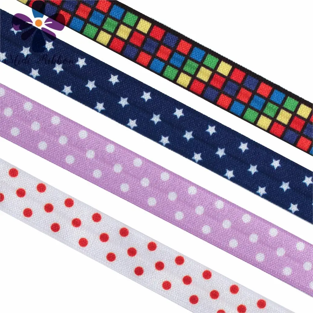 

5/8"16mm Colorful Geometric Check Dot Star Printed Fold Over Elastic Ribbon DIY Hair Bowknots Gift Packing 50yards/roll