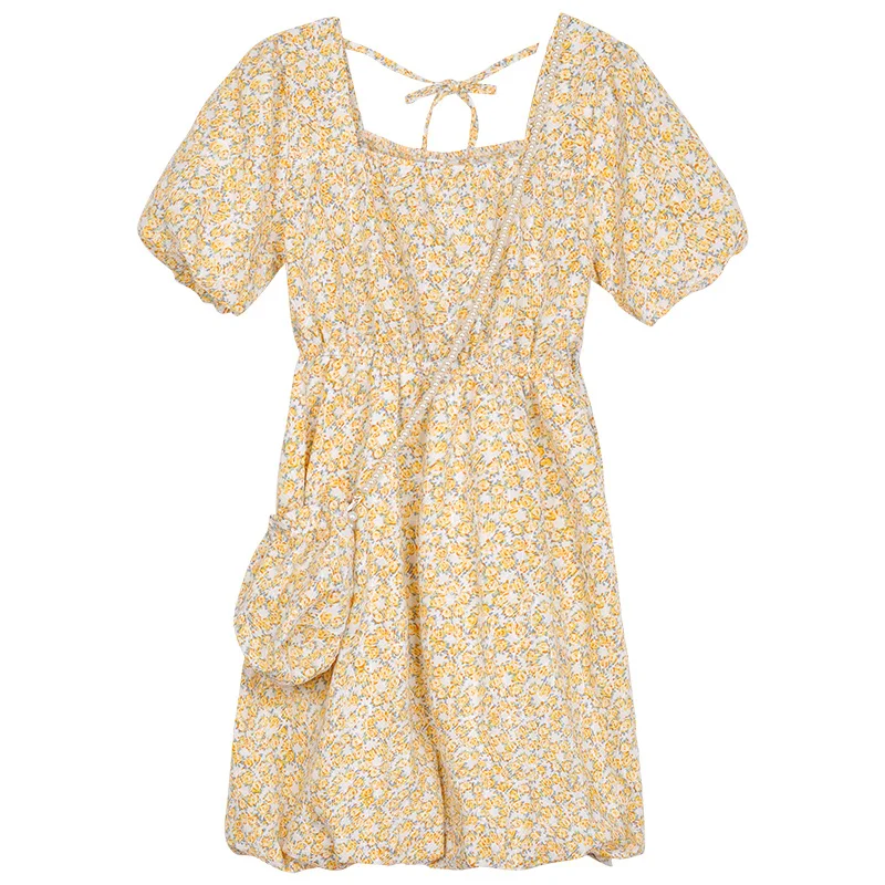 

Summer Square Collar Floral Puff Sleeve A- line Waist Fitted Slim Fit Sweet Small Gentle French Fairy Dress