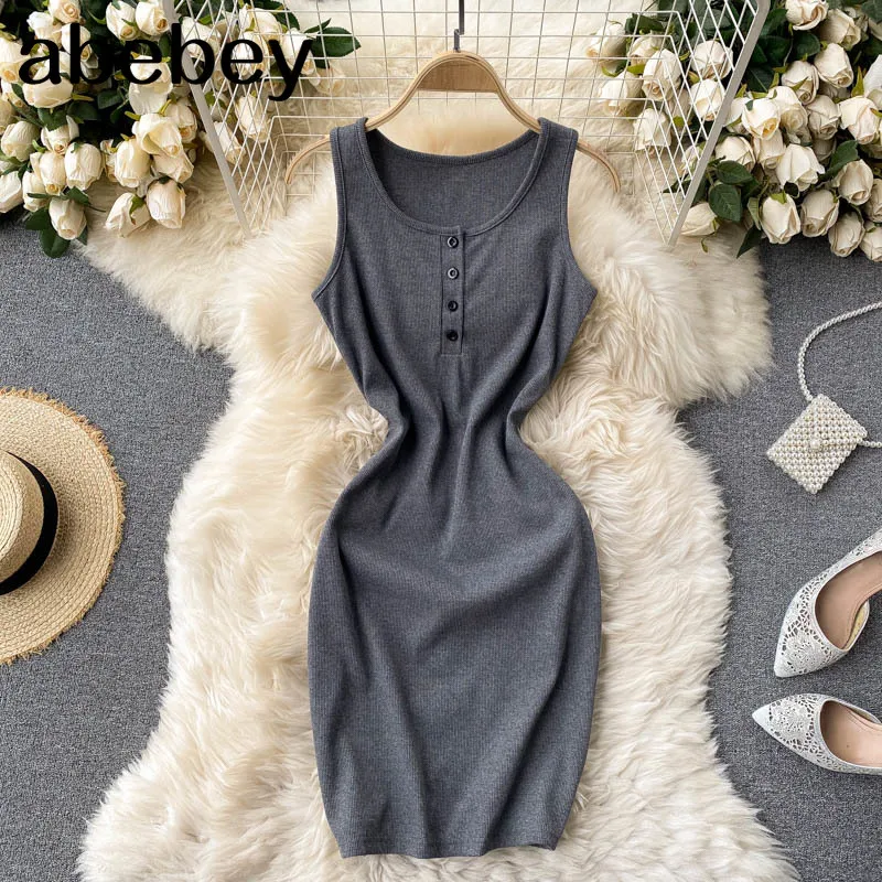 

Women Sexy Sleeveless Short Dress Korean Elastic O Neck Solid Slim Pencil Dress Summer Off Shoulder Bodycon Dress