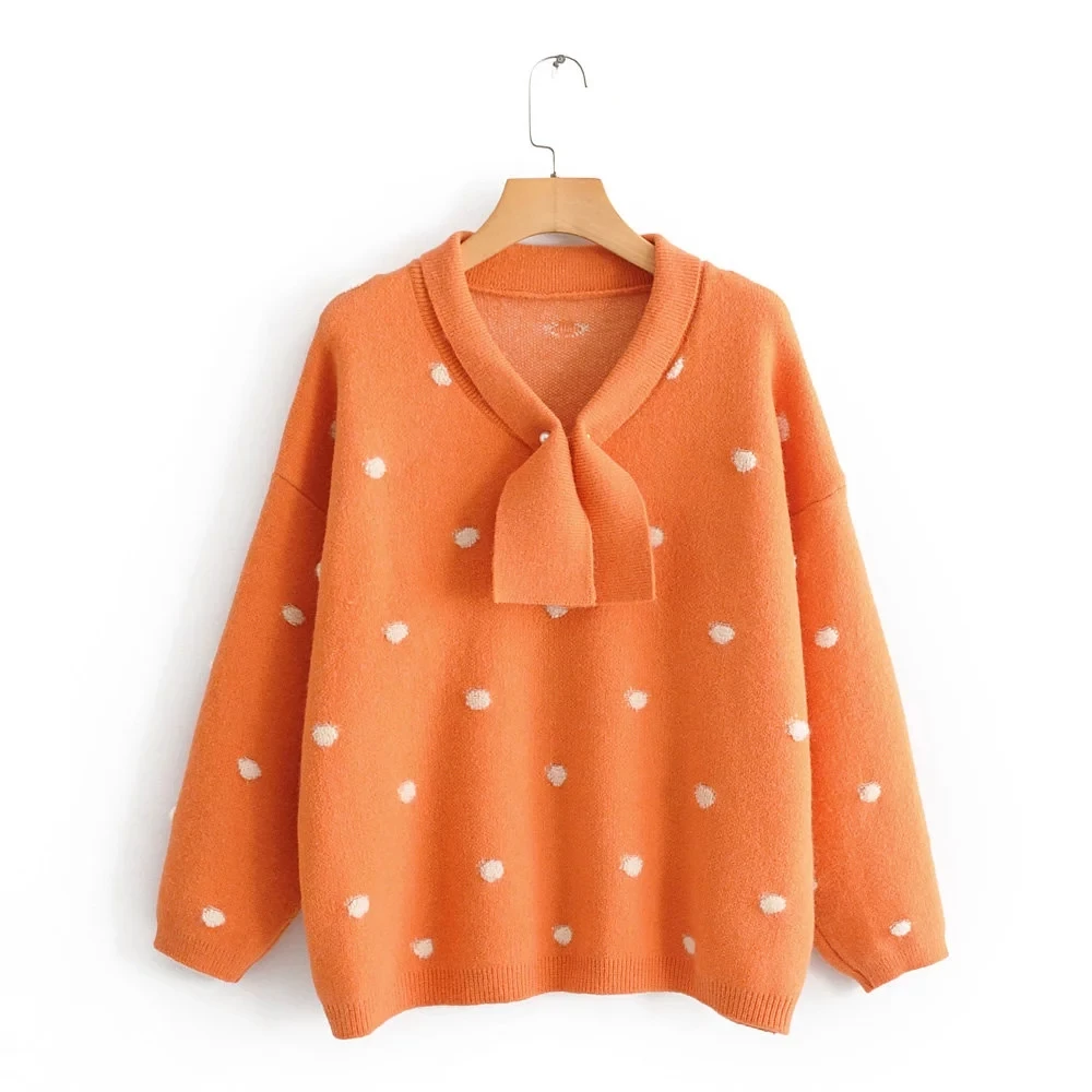 H.SA Women Winter Sweaters Long SLeeve Crew Neck Pink Pullover and Sweater Polka Dots Bow Sweaters Kawaii Knitwear Tops
