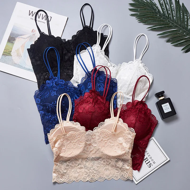 

2021 Women Sexy Bra Lace Bralette Lingerie Underwear Lady Wireless Padded Seamless Camisole Ultra Strap Padded Bras Solid Color