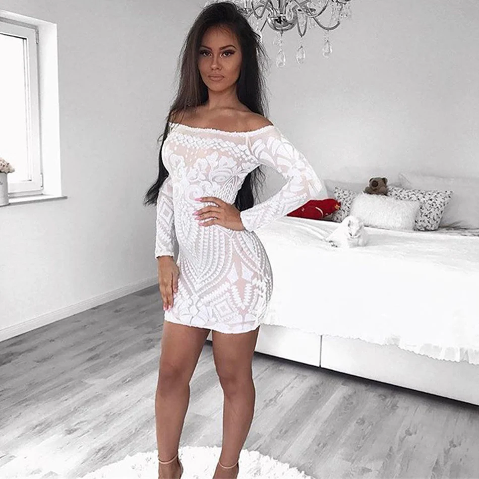 Белое черное зимнее сексуальное платье повязка с блестками длинным рукавом