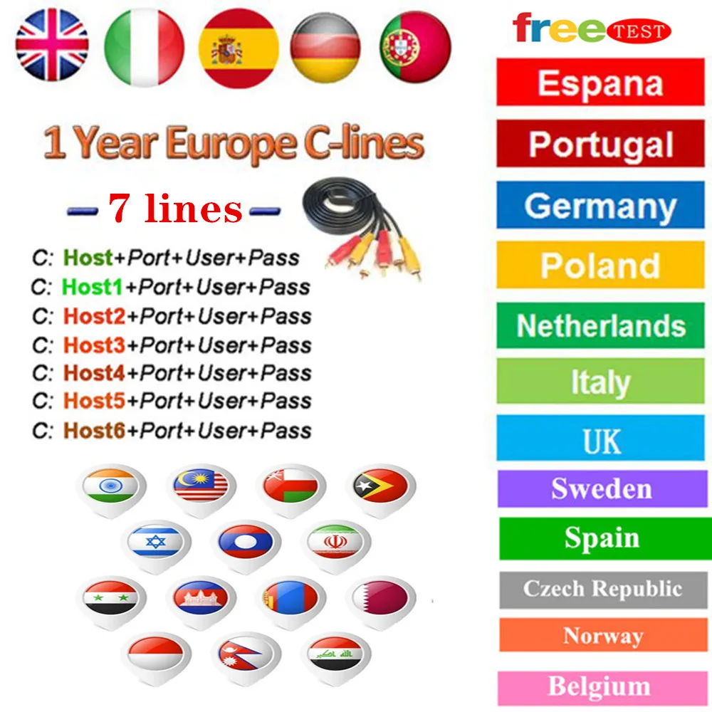 Европа HD кабель 1 год CCams для спутникового ТВ ресивера 7 Clines wifi FULL HD DVB-S2 поддержка Испания Cccams cccam cline ccam обслуживание