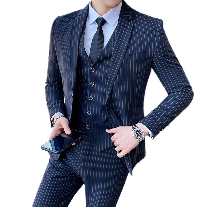 

2021 Men Slim Fit Business Casual Stripe 3 Pieces Set Male High Quality Formal Groom Wedding Suit Jacket Vest Pants Trousers