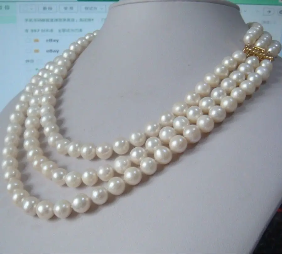 

3 strands 7-8mm natural cultured freshwater hhite round Pearl Necklace 17"18"19"