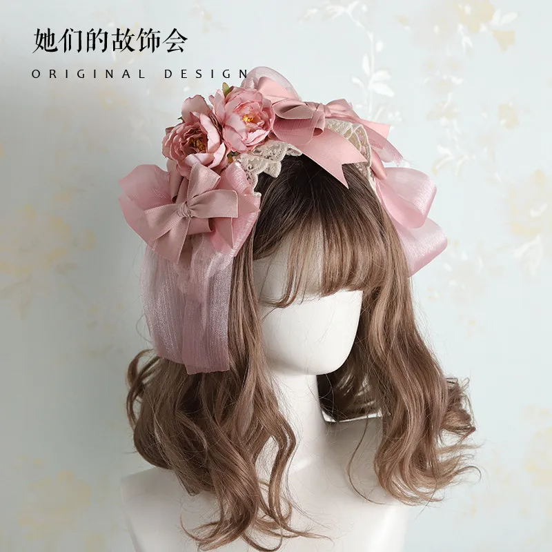 

Дымчато-розовый великолепный головной убор для девочек в стиле "Лолита" KC обруч для волос с бантом и жемчужинами заколка для волос Kawaii милый ...