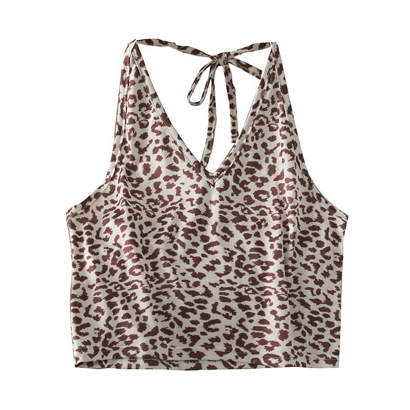 

2021 Summer Women's New Leopard Print Short Cropped Slim Sling Women's Blouse Short-sleeved Bow Tie Halter Neck Corset Vest