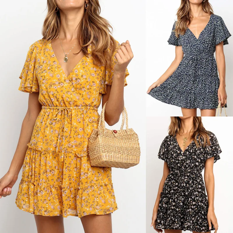 

Women Dresses Summer 2020 Sexy V Neck Floral Print Boho Beach Dress Ruffle Short Sleeve A Line Mini Dress Wrap Sundress Robe