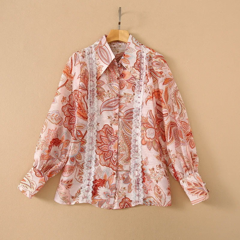European and American women's wear for summer 2021 long-sleeved lace print shirt shorts Fashionable linen and cotton suit