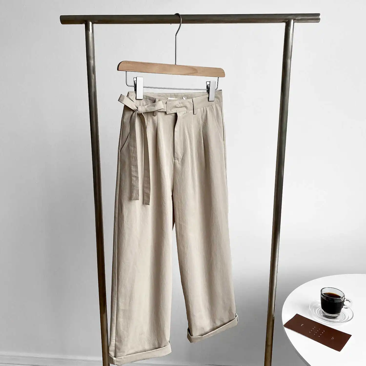 

COZOK 2021 Autumn New Korean Lace Up Pure Color Washed Cotton High Waist Straight Wide Leg Pants Capris 1827