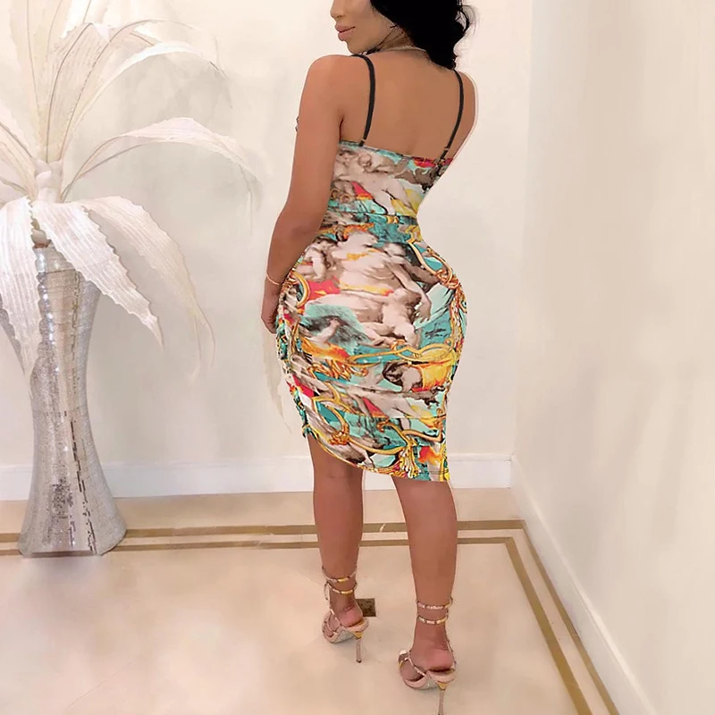 

Women Spaghetti Strap Printed Sleeveless floral printed Pleated Midi Dress casual holiday beach dress summer new