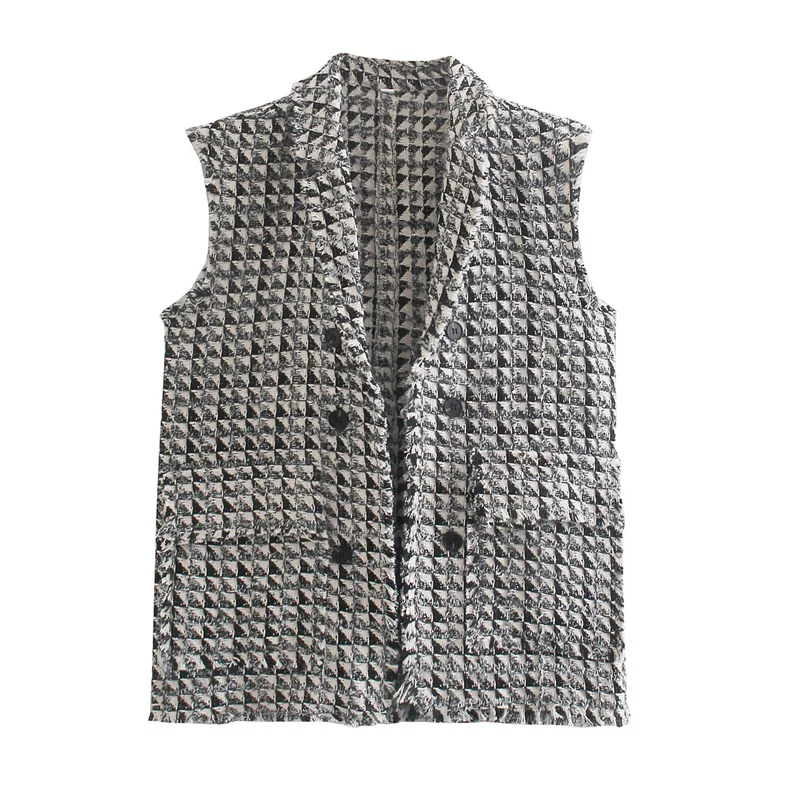 

Women Spring Plaid Blazer Vests Coats Sleeveless Tassel Double Breasted Vintage Female Casual Loose Waistcoats Outerwear