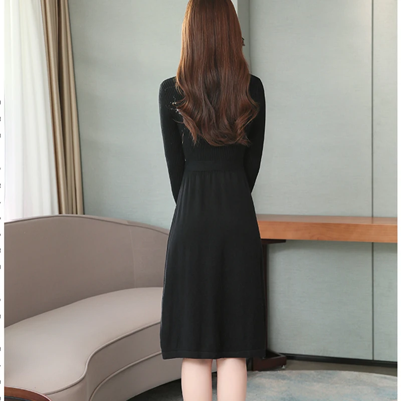 

2021 Vintage Black Office Lady Chic Midi Dress Spring Winter Solid Sexy V-Neck Women Bodycon Dress Elegant Party Casual Vestidos