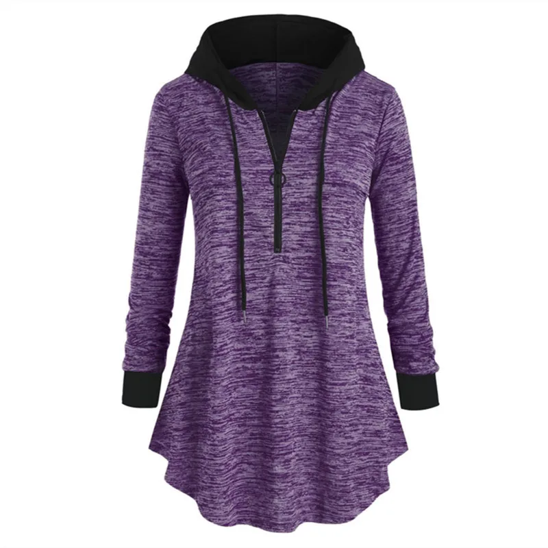 

European and American women's solid color zipper hooded long-sleeved sweater loose large size shirt