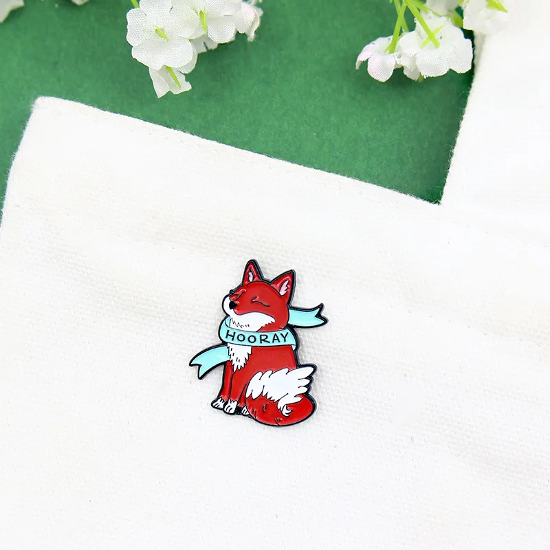 Красный брошь Лисичка с синий шарф Брошь хитрость животным рисунками животных