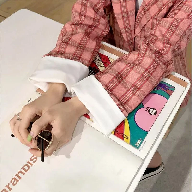 

Women Blazers Plaid Loose Single Breasted Notched Big Pockets Sweet Girls Fashion Outwear Ladies Ulzzang Korean Style Chic Retro
