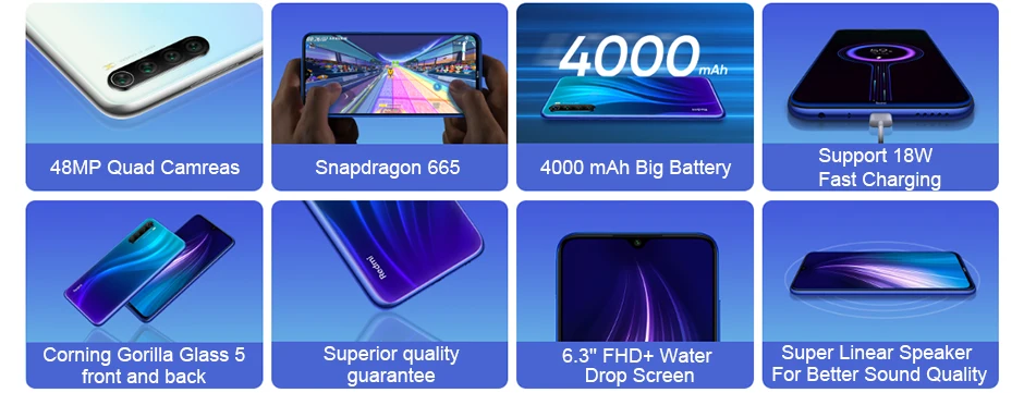 Смартфон Xiaomi Redmi Note 8 с глобальной версией, 3 ГБ, 32 ГБ, Восьмиядерный процессор Snapdragon 665, 4-мегапиксельная камера заднего вида, 6,3 дюйма, 4000 мАч