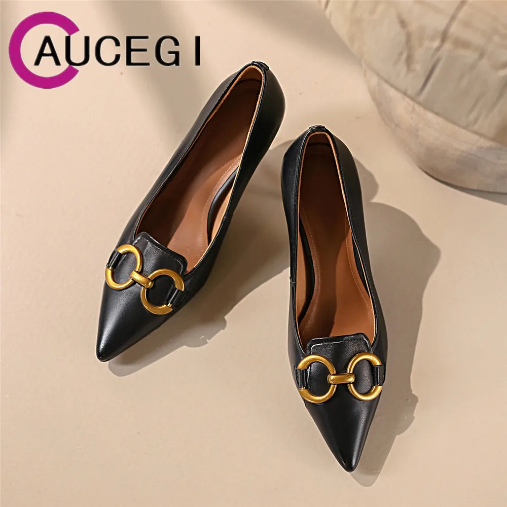 

Aucegi New Genuine Leather Brand Pumps Women Thin High Heel Sexy Party Pointed Toe Fashion Metal Decoration Office Ladies Shoes