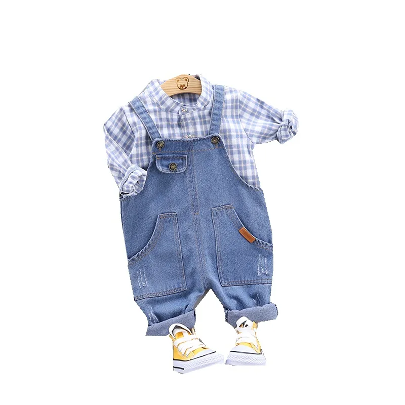 

Baby Boy Clothes Set Suit Long-sleeved Plaid Printed Shirt Denim Overalls Korean Boy Clothes Designer Clothes